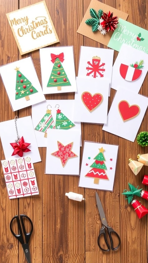 A variety of handmade Christmas cards with festive designs on a crafting table.